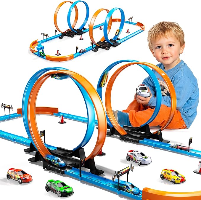 Toy Car Race Track Set for Boys Kids Age 3-5 4-7, Race Tracks with 4 Crash Zones and 1:64 Scale High-Speed Slot Cars, Christmas Halloween Birthday Gifts Toys for Toddlers Boys 4-8 8-12 Years
