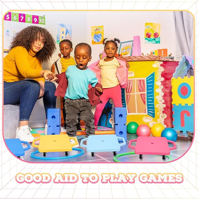 Jerify 4 Pieces Sports Scooter Board with Handles Plastic Casters Floor Sitting Scooter Boards for Kids Children Gym Indoor Outdoor Activities Play Equipment, 11.22 x 11.22 inch