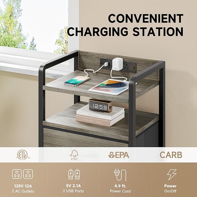 Night Stand with Charger Station - Grey Nightstand with LED Light Strip, Morden Bedside Table with USB Ports & AC Outlets, End Table with Storage Shelf & 3 Fabric Drawers