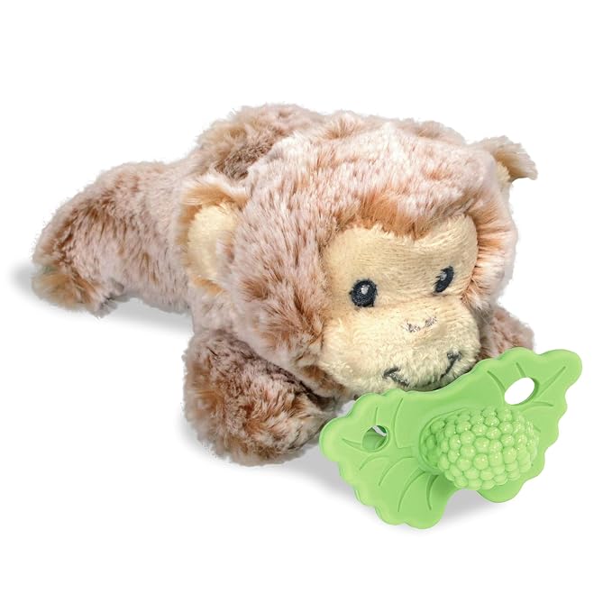 RaZbaby Monkey RaZbuddy w/RaZberry Teething Relief Pacifier – Soothes Sore Gums w/Nature-Inspired Texture, 100% BPA-Free Silicone Teether, Detachable Stuffed Animal – 3 Months+ Teether, Green