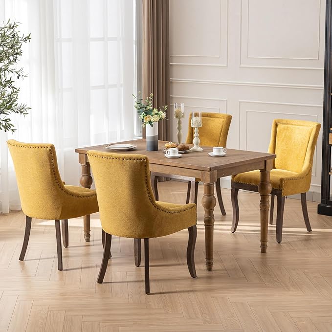 Modern Dining Chairs Set of 6, High Back Dining Chairs Side Chairs with Solid Wood Legs, Upholstered Fabric Dining Room Chairs for Dining Room Kitchen, Yellow