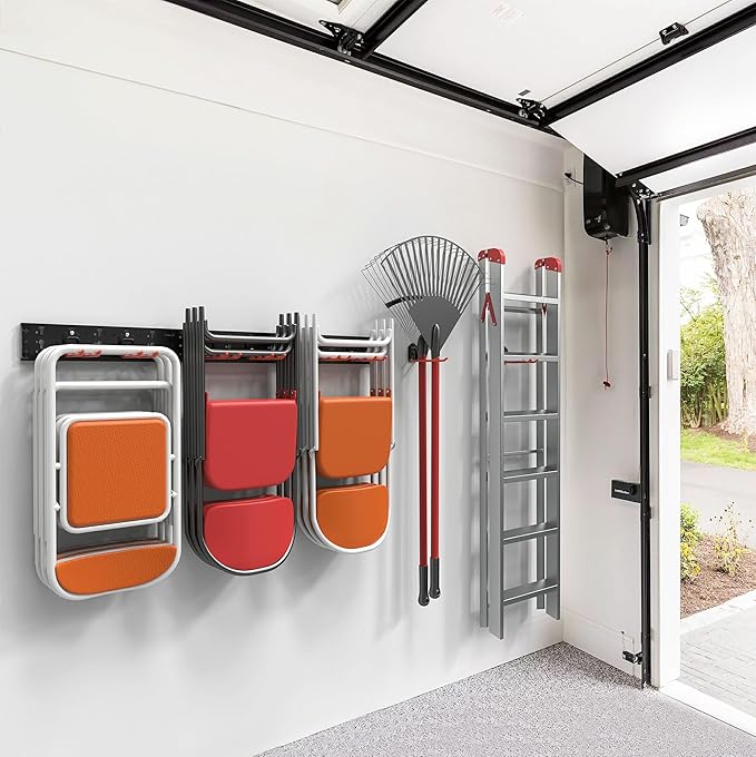 Wallmaster Wall Mount Garage Organizer Tool Storage Rack, Heavy Duty Folding Chair Hangers with 8 Adjustable Hooks, 48-inch Tracks, Max Load 300lbs