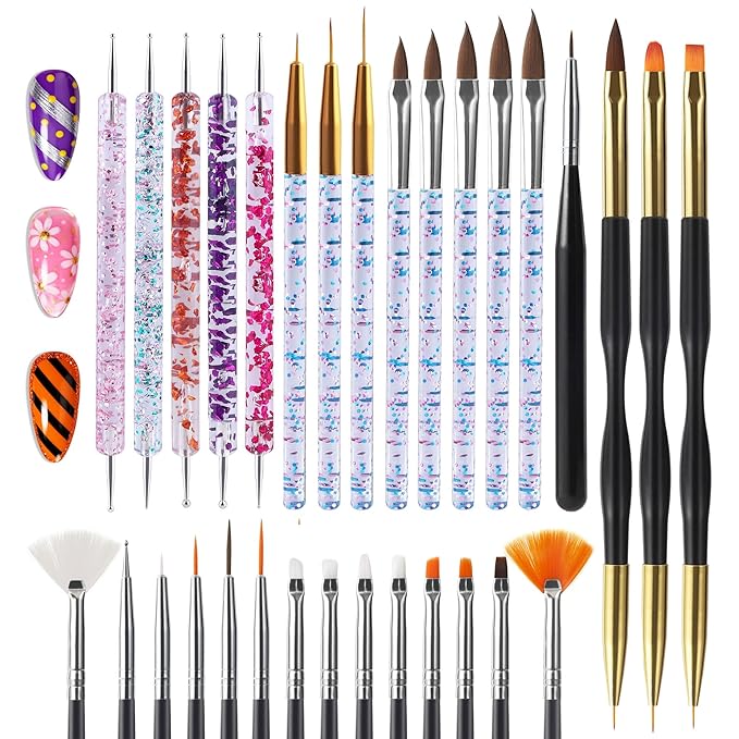 Artdone 31pcs Nail Art Brushes, Nail Art Tool Set, Dotting Tools, Dust Brush,Striping Brushes for Long Lines, Drawing Pen For Gel Polish Design supply