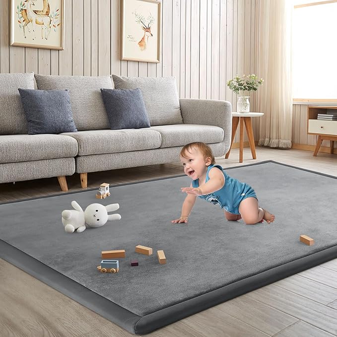 Baby Play Mat for Floor Nursery Rug Muscle Mat Area Rug Playroom Rug 79"x118" Playpen Mat Elastic Foam 1.3" Thick Crawling Mat for Babies,Toddlers, Infants, Kids,Grey