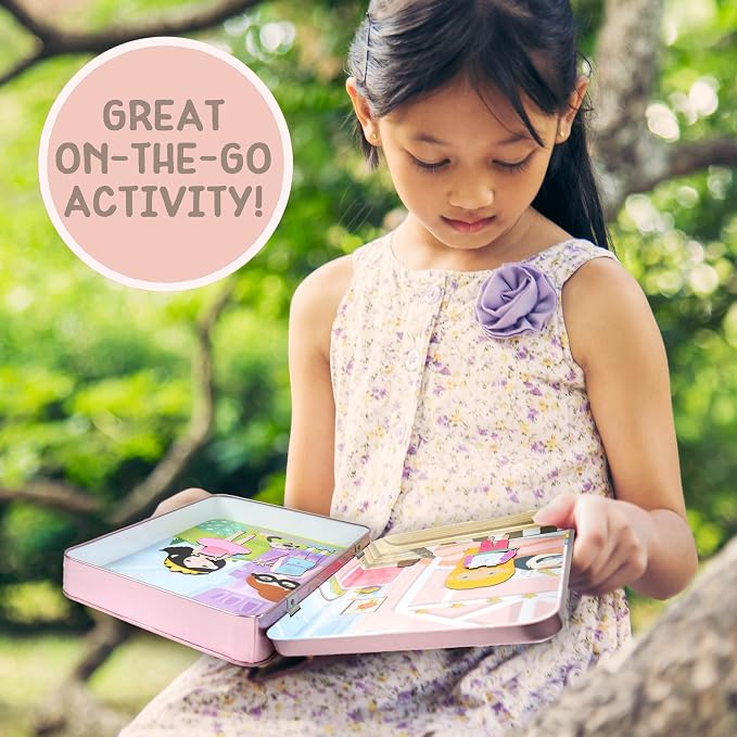 Story Magic Dress-Up Dolls Playset, Pretend Play Magnetic Case, Magnet Outfit and Accessory Pieces, Great for Travel or Playdates, Magnetic On The Go Activity Set for Ages 4, 5, 6, 7 , Pink