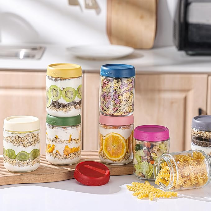 18 OZ 4Pack, Overnight Oats Jars with Lids, Glass Meal Prep Containers, Airtight Mason Jars for Breakfast, Yogurt Parfait, Salad & Smoothies, Leakproof and Reusable Food Storage Jars(4-1)