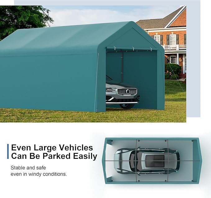 Carport, 10‘ x 20’ Heavy Duty Portable Garage All-Season Car Canopy w/Removable Sidewall & Doors, Carport Canopy Party Tent w/Water-Resistant Tarp for Backyard (Green, 10‘ x 20’)