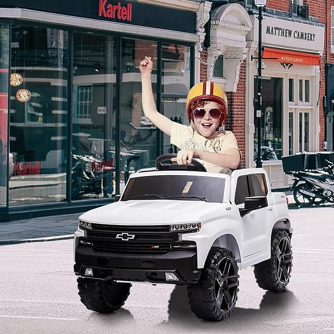 12V Ride on Car with R/C, Battery Powered Licensed Chevrolet Silverado GMC Kids Ride On Truck, Toddler Electric Vehicles Toys, MP3 Music,FM Radio,Bluetooth, Spring Suspension, LED Light (White one)