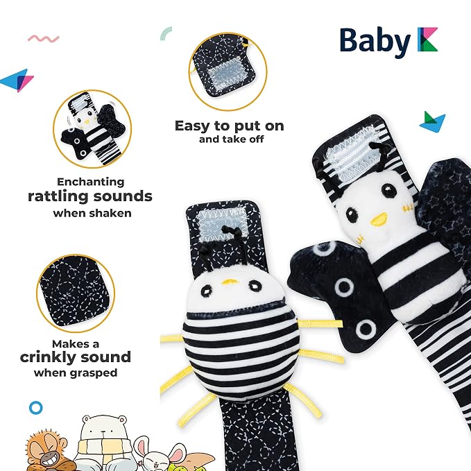 BABY K Baby Rattle Socks & Wrist Toys (Set E) - Newborn Toys for Baby Boy or Girl - Brain Development Infant Toys - Hand and Foot Rattles Suitable for 0-6, 6-12 Months Babies - Newborn Baby Gifts