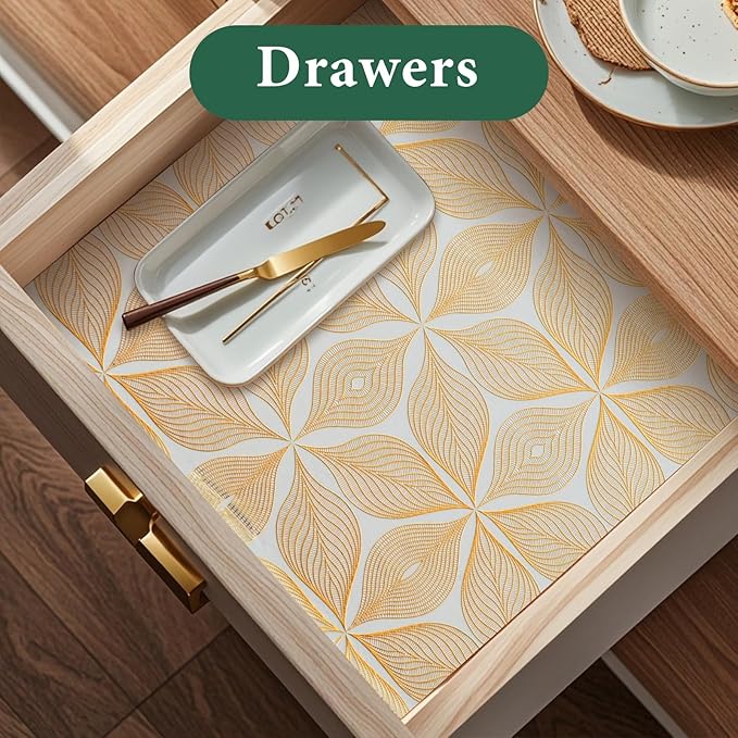 3D Drawer and Shelf Liner for Kitchen Cabinet: 17 in X 20 Ft Waterproof Shelf Paper Non Adhesive Refrigerator Liners Golden Leaf Easy Liners for Bathroom with Knife Tape Measure