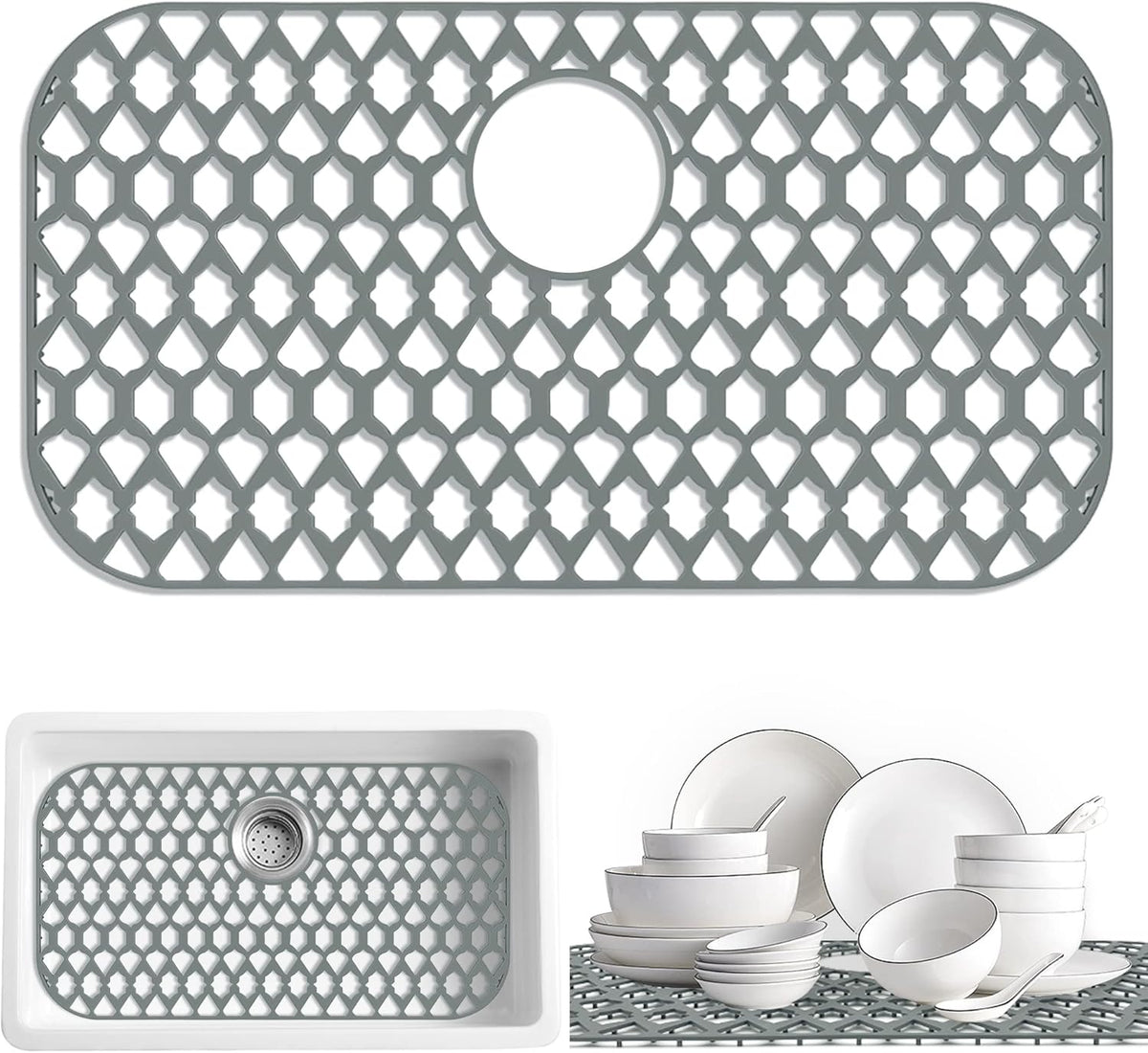 Sink Protectors for Bottom of Kitchen Sink 13x11 &16x12 &19x14 &21x16 &22x13 &24x13 &28x14 &30x16, Large Farmhouse Silicone Mats Grid (26”x14”, Rear Drain)