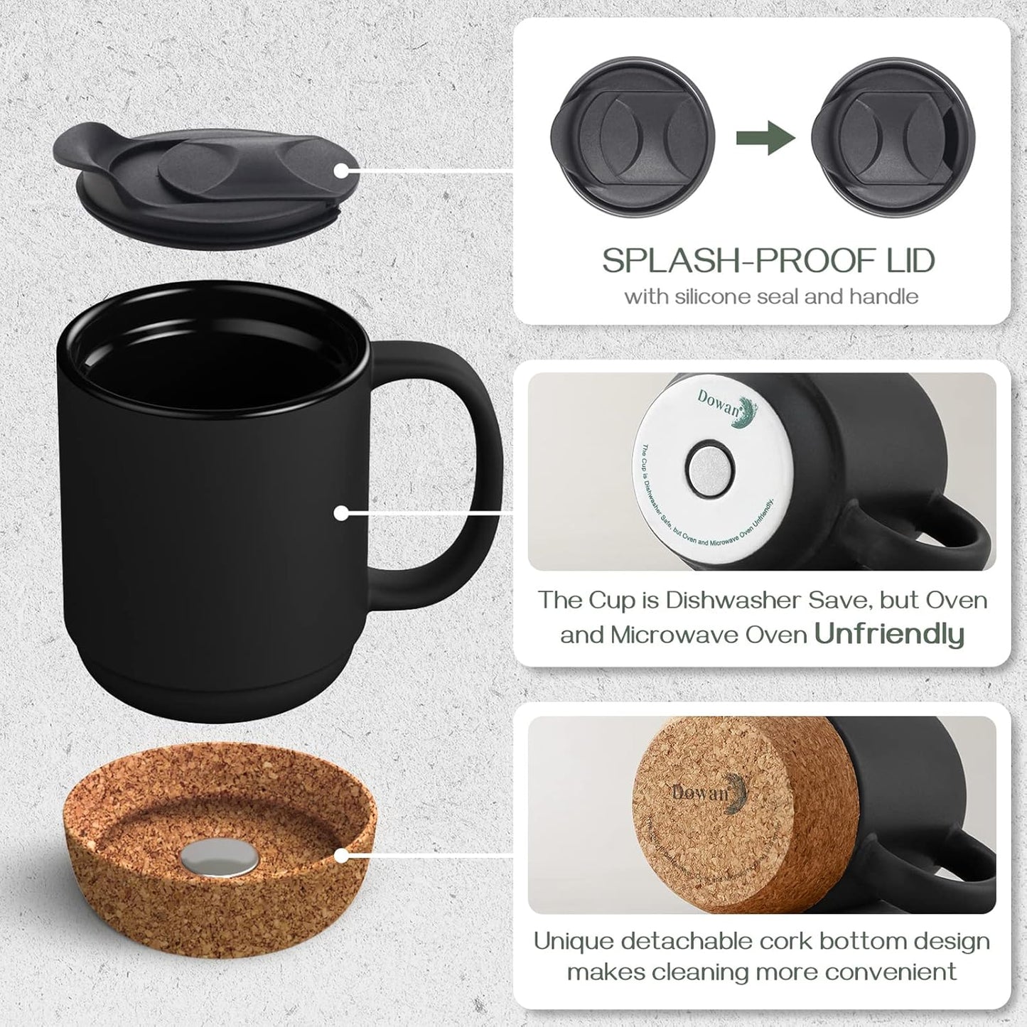 DOWAN Coffee Mugs Set of 2, 15 OZ Coffee Cup with Cork Bottom and Splash Proof Lid, Ceramic Mug Set with Large Handle for Men, Women, for Coffee Tea Latte, Matte Black