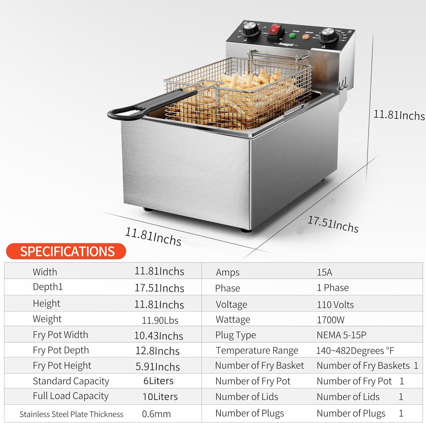 Electric Deep fryer Single Tank Deep Fryer with Basket Capacity 10L(10.5QT) Electric Countertop Fryers with 60 Minute Timer for Home Kitchen and Restaurant, 1700 Watts, 110V(10L)