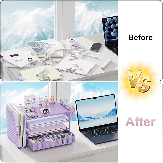 gianotter Wood Desk Organizers and Accessories with File Holder, 4-Tier Desk Accessories & Workspace Organizers with Drawer and Pen Holder, Paper Organizer for Office Supplies (Purple)
