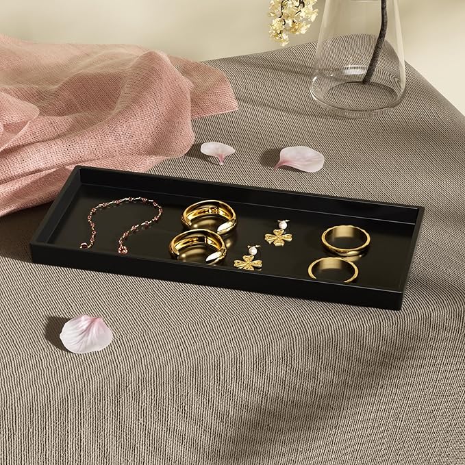 Vanity and Bathroom Tray, 11.8" ABS Countertop Organizer,Waterproof Vanity Tray for Toilet Tank,Perfume,Soap,Keys,Bathroom Accessories,Kitchen and Bath Trays,Non Slip Small Trays,Black