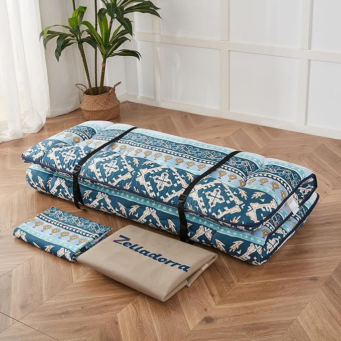 Japanese Floor Mattress, Futon Mattress with Portable Storage Bag and Washable Cover, Roll Up Thick Tatami Mat Suitable for Camping, Guest Room (Blue Striped Jacquard, Full)