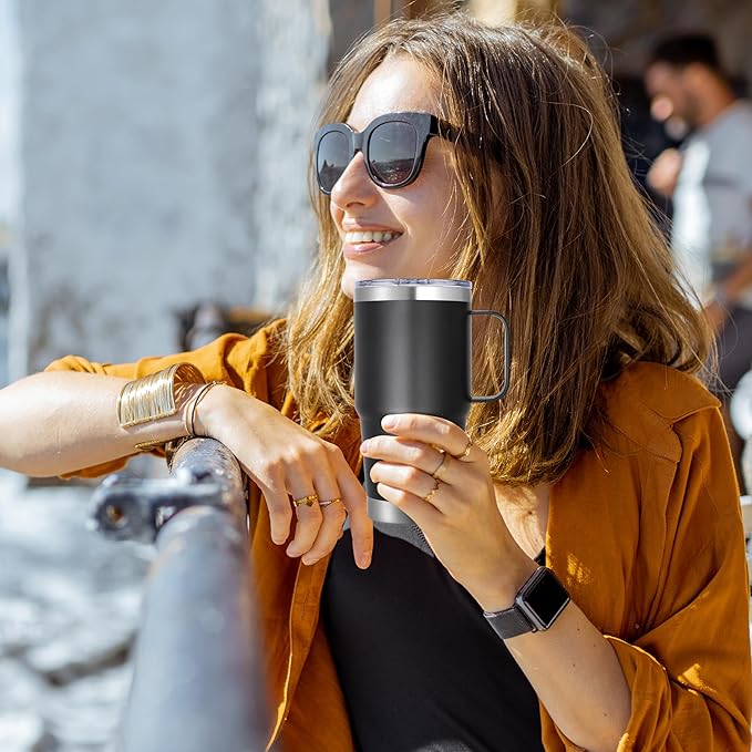 20 oz Stainless Steel Tumbler with Handle Bulk Metal Insulated Tumblers Travel Coffee Mug with Handle Double Wall Tumbler Cup with Lid and Straw, Black 6 Pack