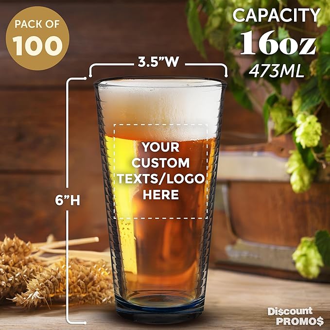 Custom Spiral Pint Glass 16 oz. Set of 100, Personalized Bulk Pack - Beer Glasses, Heavy Duty Drinkware - Blue