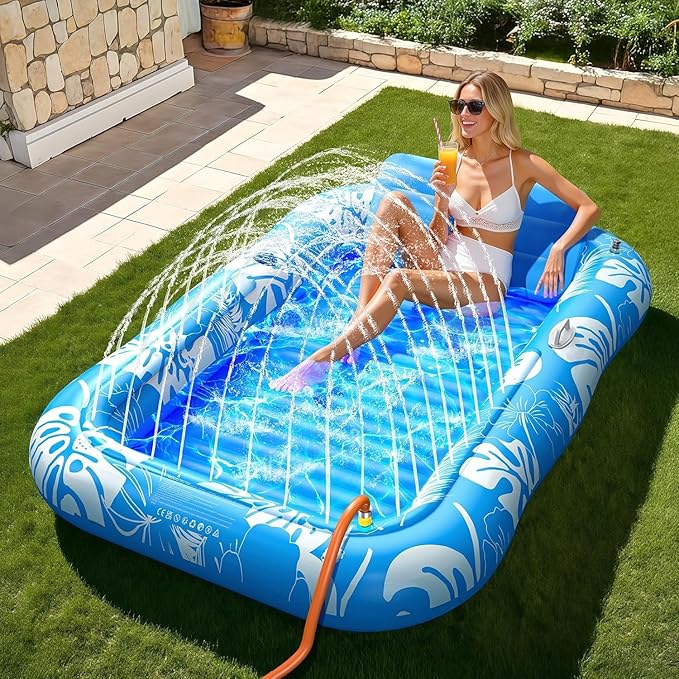 Inflatable Tanning Pool Lounger Float with Sprinkler, 77" x 48" Pool Floats Adult with Pillow, 6 in 1 Suntan Tub Raft Floatie with Drink Holder Sunbathing Water Lounge