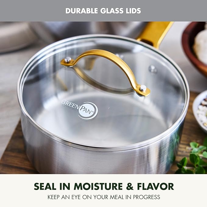 GreenPan Stainless Steel Tri-Ply Reserve 10 Piece Cookware Pots and Pans Set, Multiclad, Induction, Oven & Broiler Safe to 600°F, Heat Responsive Core, Dishwasher Safe, Glass Lids