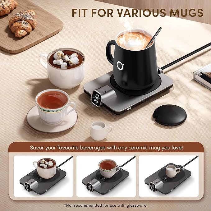 Coffee Mug Warmer & iKago Mug Set, Accurate Temperature Control Smart Heated Mug for Desk, Electric Coffee Warmer with Auto Shut Off & Real-Time Temp Display, Gifts for Men Women, 15oz Ceramic Mug