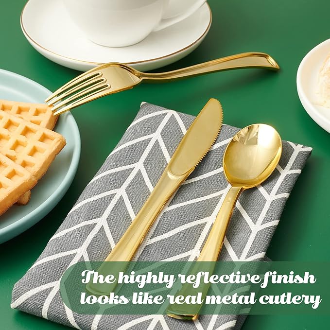 FOCUSLINE 300 Pack Disposable Gold Plastic Forks, Solid and Durable Plastic Cutlery Forks, Heavy Duty Disposable Utensil Silverware for Catering, Parties, Dinners, Weddings