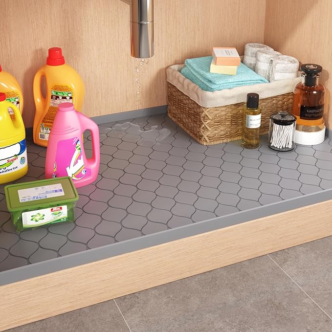 Silicone Under Sink Mat 31" x 22", kitchen Essentials and Gadgets, Shelf liner and Cabinet Protector, Home Organizers and Storage, Waterproof Bathroom Tray