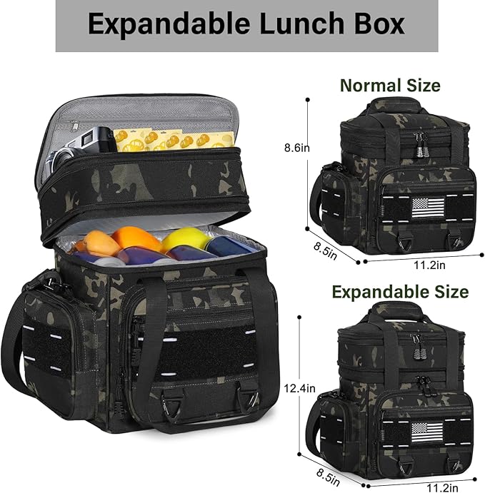 Expandable Tactical Lunch Box, Large Insulated Lunch Cooler Bag Heavy Duty Leakproof Lunch Pail for Men Adults Work Office Outdoor Picnic Trips,16L,Black-Camo