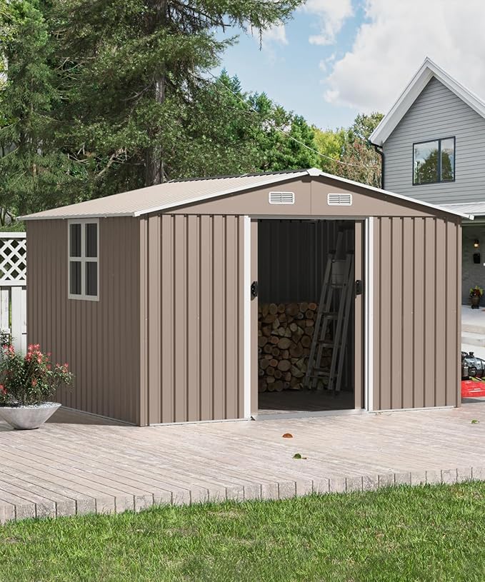 10FT x 8FT Outdoor Storage Shed, Waterproof Lockable Door Metal Tool Shed with Sliding Door and Ventilation, Gardening Tool Storage Room, Metal Storage Shed for Gardens and Lawns