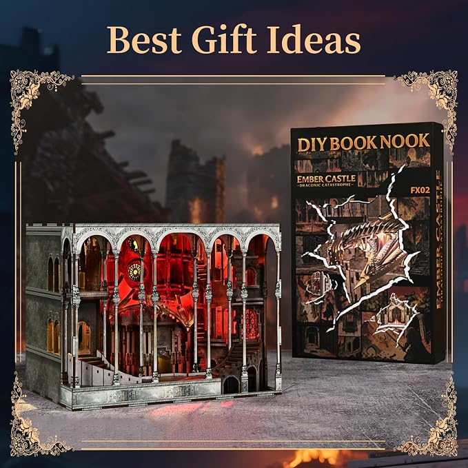 CCCDF Ember Castle Book Nook Kit,3D Wooden Puzzle DIY Miniature House for Adults,LED Bookshelf Decor Insert Craft Model Building Kit,Unique Gift for Family Friends
