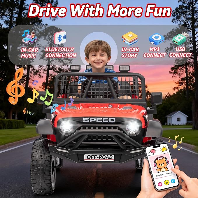 24V Ride on Toys w/Remote Control, 4WD Kids Ride on Truck Car, 3 Speed, Bluetooth Music, Wide Seat, Spring Suspension, LED Light, Birthday for Boys Girls Toddler (Black+Red)