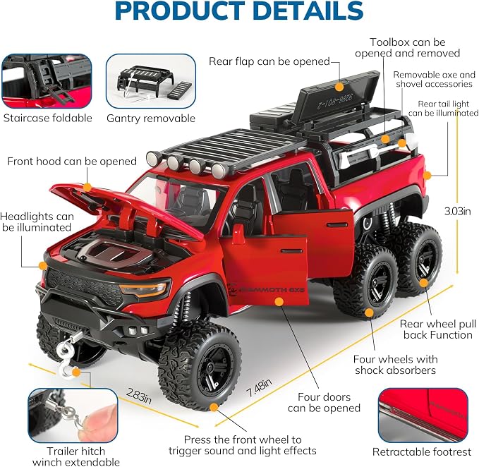 Toy Trucks for Boys 1/32 Diecast Trucks Mammoth Model Truck,Collectible Pickup Truck Model Kit,Pull Back Cars with Lights and Sounds,Toy Trucks for Boys Age 4-7（Red）