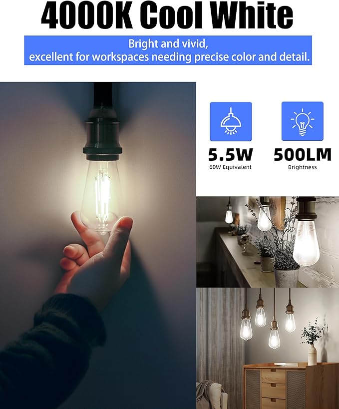Lumiverse 36 Pack E26 led Bulb 60 watt dimmable Vintage LED Edison Bulbs 5.5W, 60W Equivalent,4000K Cool White, Antique Style ST19/ST58 LED Light Filament Bulbs, CRI 90+, E26 Base
