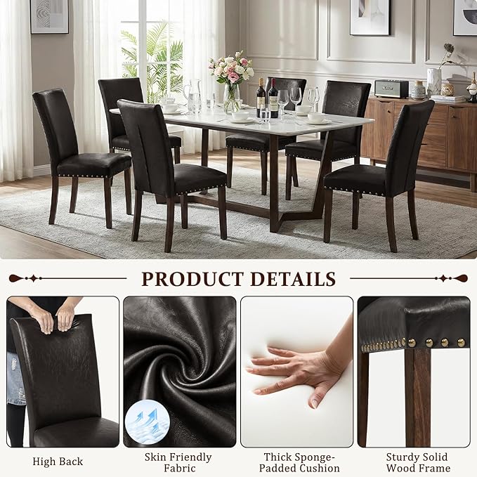 Furniliving Upholstered Dining Chairs Set of 2 - PU Leather Modern Farmhouse Kitchen Chairs, High-Back Dining Room Chairs with Wooden Legs for Kitchen Dining Room Living Room.Brown