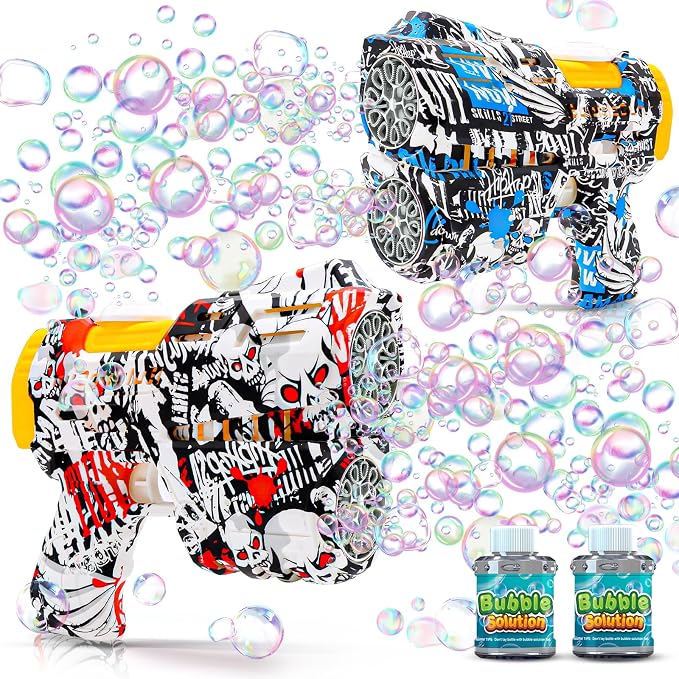 2 Pack Bubble Guns for Kids, Rechargeable LED Light Up Graffiti Bubbles Machine Blower with 2 Bottles Refill Solution for Kids 4-8, Bubble Makers Blaster for Toddlers