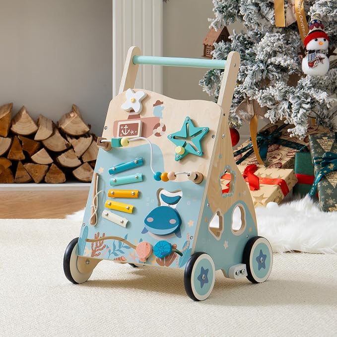 ROBOTIME Wooden Baby Push Walker, Ocean-Themed Wooden Baby Walker with Wheels, Sit-to-Stand Activity Center, Push Toy for Toddlers, for Boys and Girls