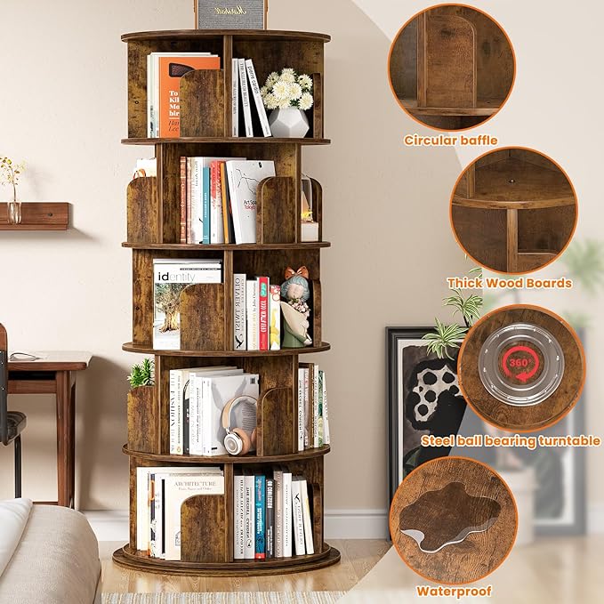Rotating Bookshelf Tower, 5 Tier Spinning Bookcase, Revolving 360 Book Shelf Narrow Tall Bookcase, Vertical Turning Round Bookshelf Organizer, Corner Book Shelf for Small Space, Rustic Brown