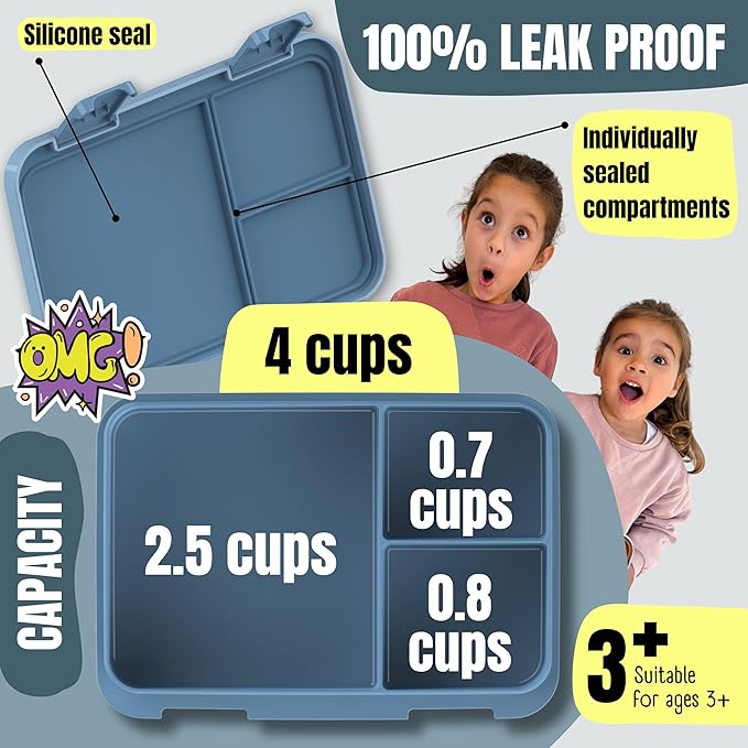 BEARFOOT Kids Lunch Box with Compartments – Compact & Lightweight | Leak-Proof, BPA-Free, Dishwasher & Microwave Safe | Hand-Drawn Design for Preschool, School, Travel (Sticker Blue, 4 Cups)