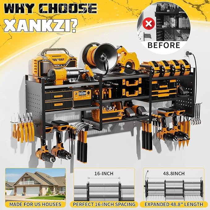 Power Tool Organizer with Charging Station Wall Mount, 3 Layer Expanded Heavy Duty Garage Organization, 48.8 Inch Length Garage Tool Storage, 4 Drill Slot, 16" Standard Hole, Black