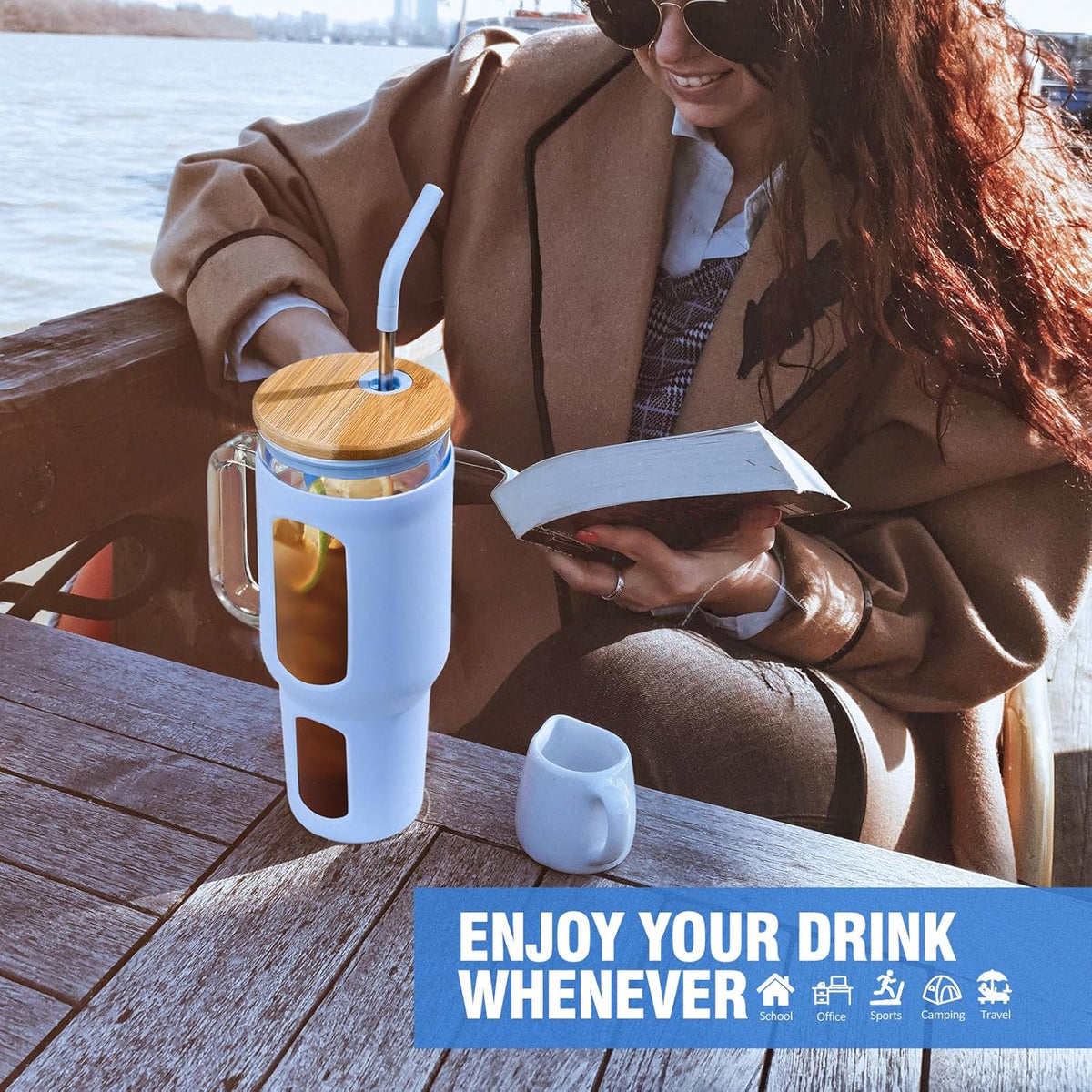 Glass Tumbler with Lid and Straw, 46 oz Iced Coffee Cup with Handle, Large Water Bottles with Silicone Sleeve, Glass Cup with Straws - Pearl Straw & Drinking Straw BPA Free-Glacier