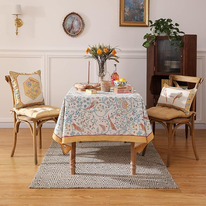 patdrea Designer Vintage Square Table Cloth,Yellow Linen Floral Birds Pattern Colorful Tablecloths,Decorative Table Cover for Kitchen Dining Banquet,Christmas,Thanksgiving,67"x67"-Magnolia