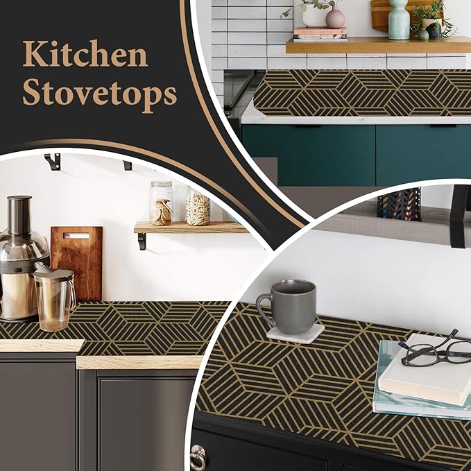 Shelf Liners for Kitchen Cabinets 12in x 20FT, Non Adhesive Cabinet Liner Strong Non-Slip Black Gold Geometric Drawer Liner, Easy to Clean for Shelf, Cabinet with Knife and Tape Measure