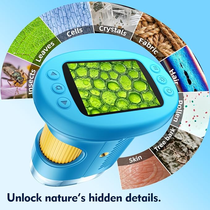 Odatay 4K 1000X Digital Microscope for Kids with Long Distance Viewing & 2.4" Screen, Portable Handheld Edu Toys for Kids Age 3-12 Exploring Bugs Plants at Home Classroom & Outdoor Travel, Blue
