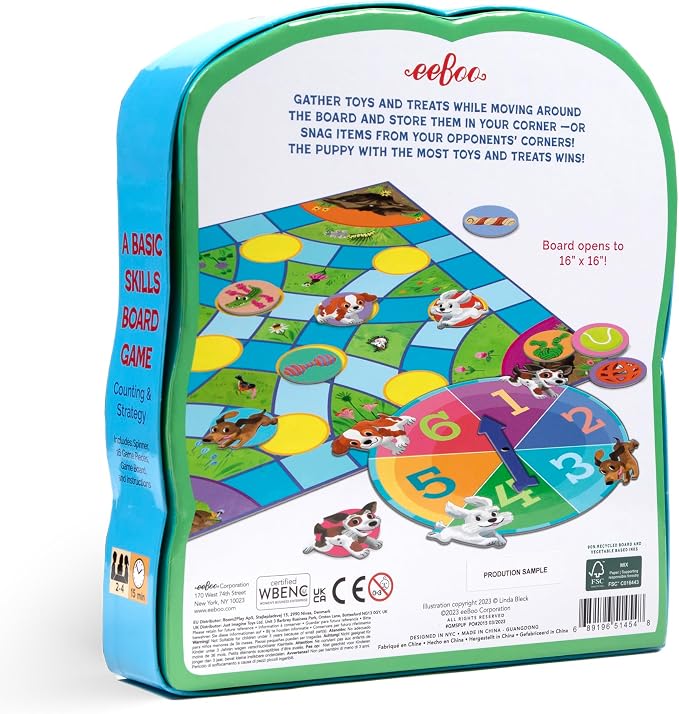 eeBoo: Puppy Fuffle - A Game of Counting & Simple Strategy, Kids Spinner Board Game, Collect Toys & Treats, Preschool, Ages 4+, 2-4 Players, 15-25 Min