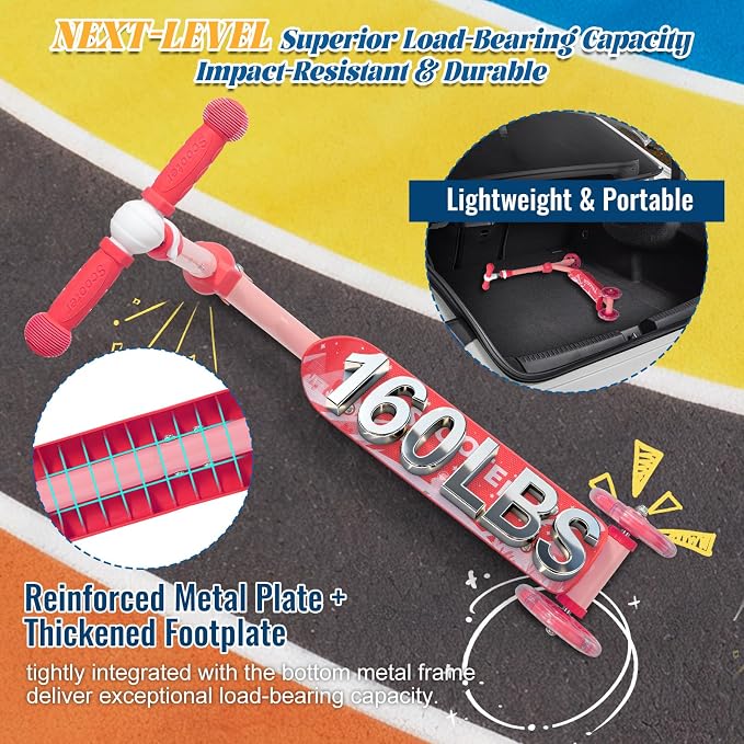 Kids Scooter Ages 3-7, 3 Wheel Scooter with LED Light Up Wheels, Safer Steering & Adjustable Handlebar, Wide Anti-Slip Deck, Heavy Duty Metal Kick Scooter for Boys Girls Toy Gift, Up to 110 lbs