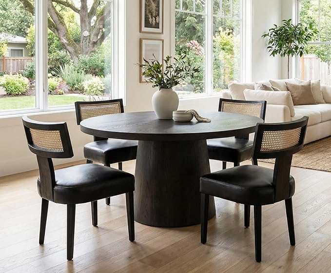 Rattan Dining Chairs Set of 4, Modern PU Leather Upholstered Kitchen Chairs, Wooden Dining Room Chair Farmhouse Dinner Chair, Black