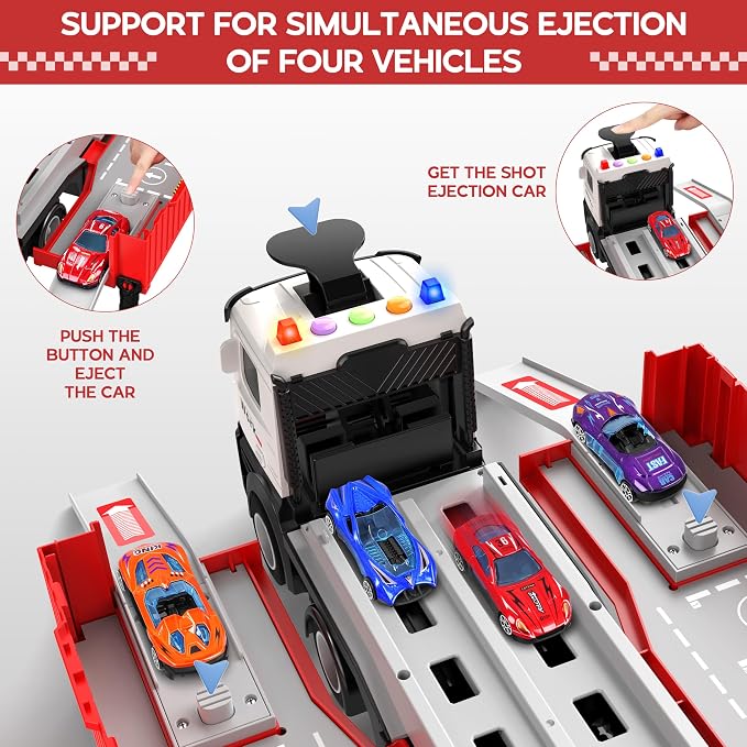 Carrier Truck Race Track Kids Toys, Foldable 3 Layer Toddler Track Playset, Toy Truck Transport Car Carrier & 8 Race Cars, Truck Car Toddlers Toys Xmas Gifts for Age 3 4 5 6+ Years Old Boys Girls
