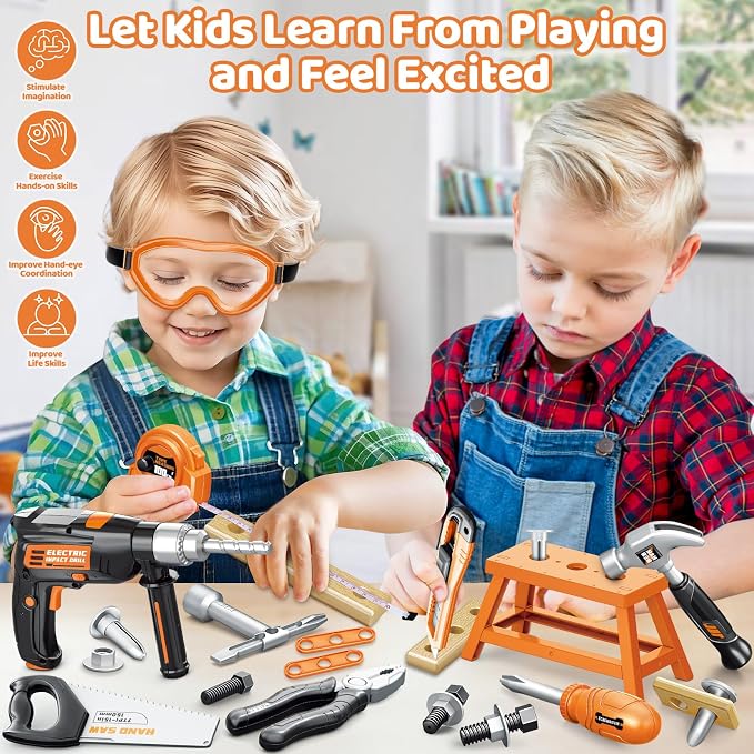 OCHIDO Kids Tool Set with Tool Box & Electronic Toy Drill, 41PCS Toddler Tool Set Kids Construction Toys for Ages 3,4,5,6,7,8, Kid Tools Boy Toys for Boys Christmas Birthday Gifts