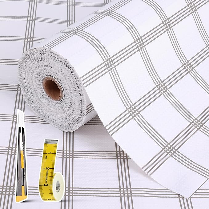 Drawer and Shelf Liner for Kitchen Cabinet: 17 in X 30 Ft Non Slip Waterproof Shelf Paper Non Adhesive Refrigerator Liners White Square Easy Liners for Bathroom Cupboard with Knife Tape Measure