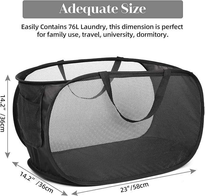 4 Pack Collapsible Laundry Baskets, Foldable Laundry Basket with Pocket, Durable Pop Up Hampers, Reinforced Handles Dirty Clothes Hamper for Laundry, Bedroom, Bathroom, Dorm, Travel or Camping Black